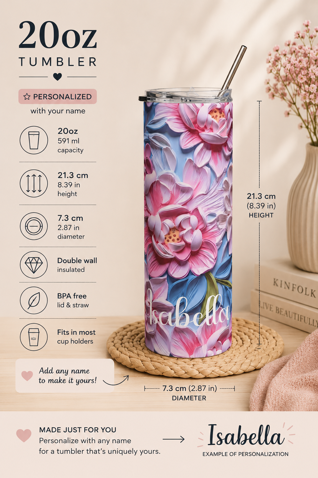 Pink peony tumbler held in hand in an on-the-go lifestyle scene