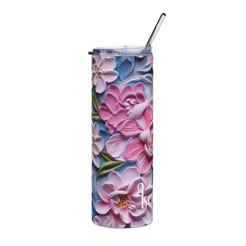 Side view of the pink peony skinny tumbler showing the 3D floral design wrapping around