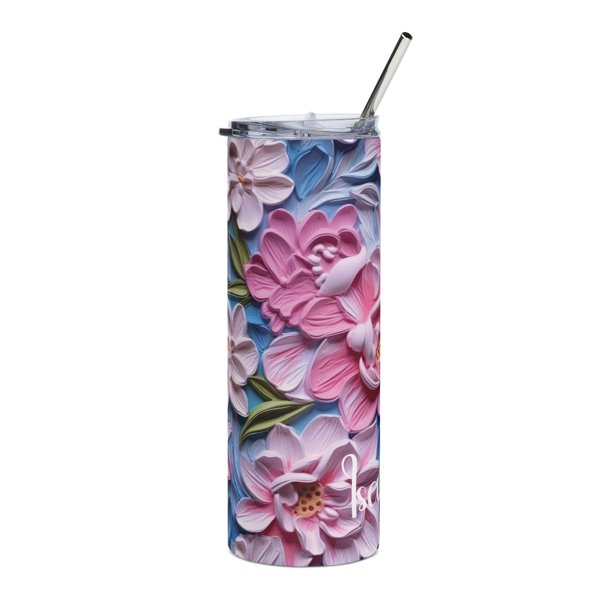 Side view of the pink peony skinny tumbler showing the 3D floral design wrapping around
