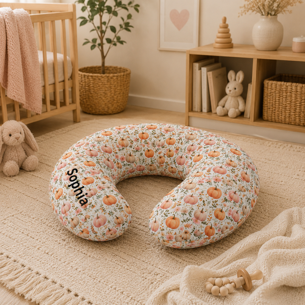 Close-up of the watercolour pumpkin and floral pattern on the nursing pillow cover