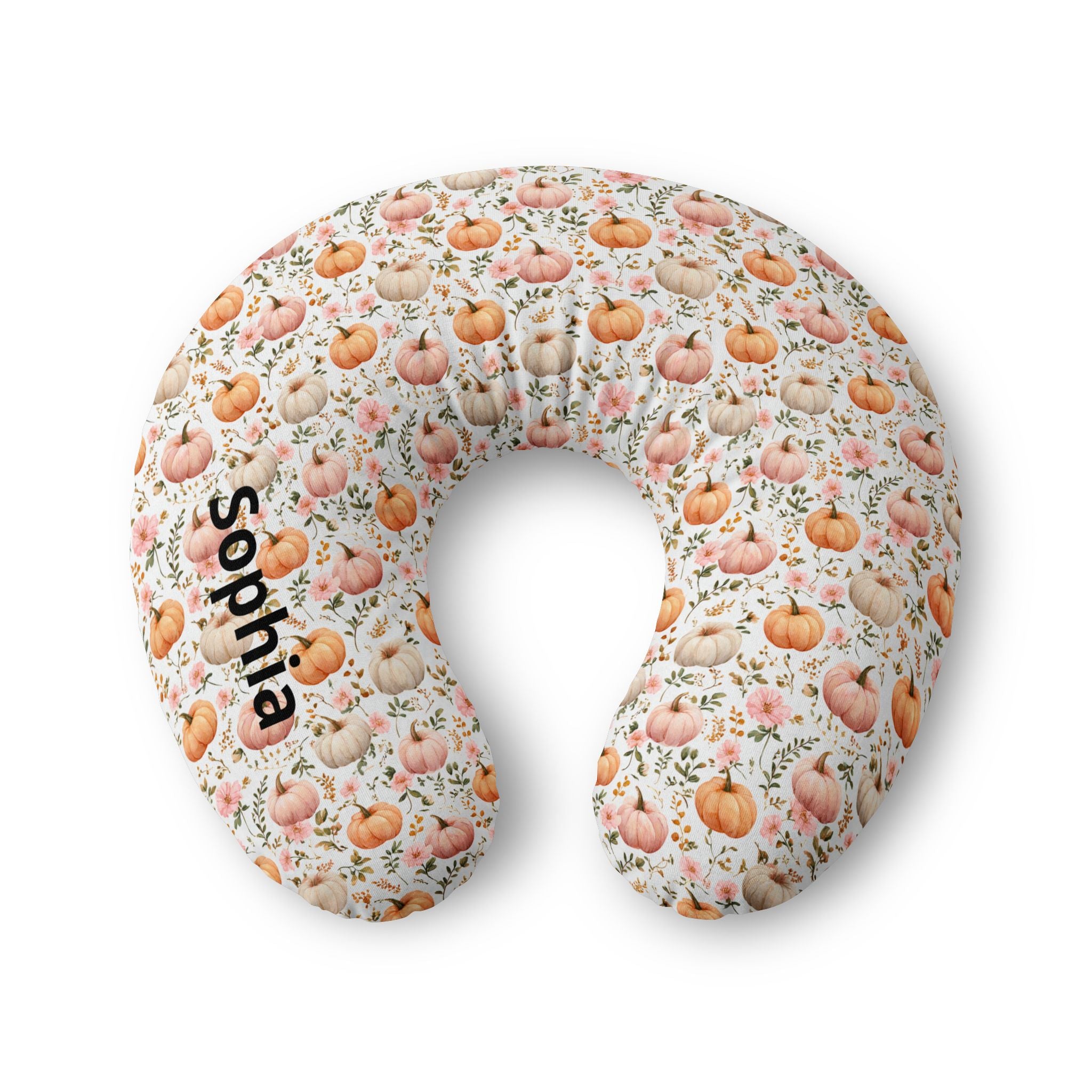 Personalized nursing pillow cover in watercolour autumn pumpkins and flowers with a custom baby name