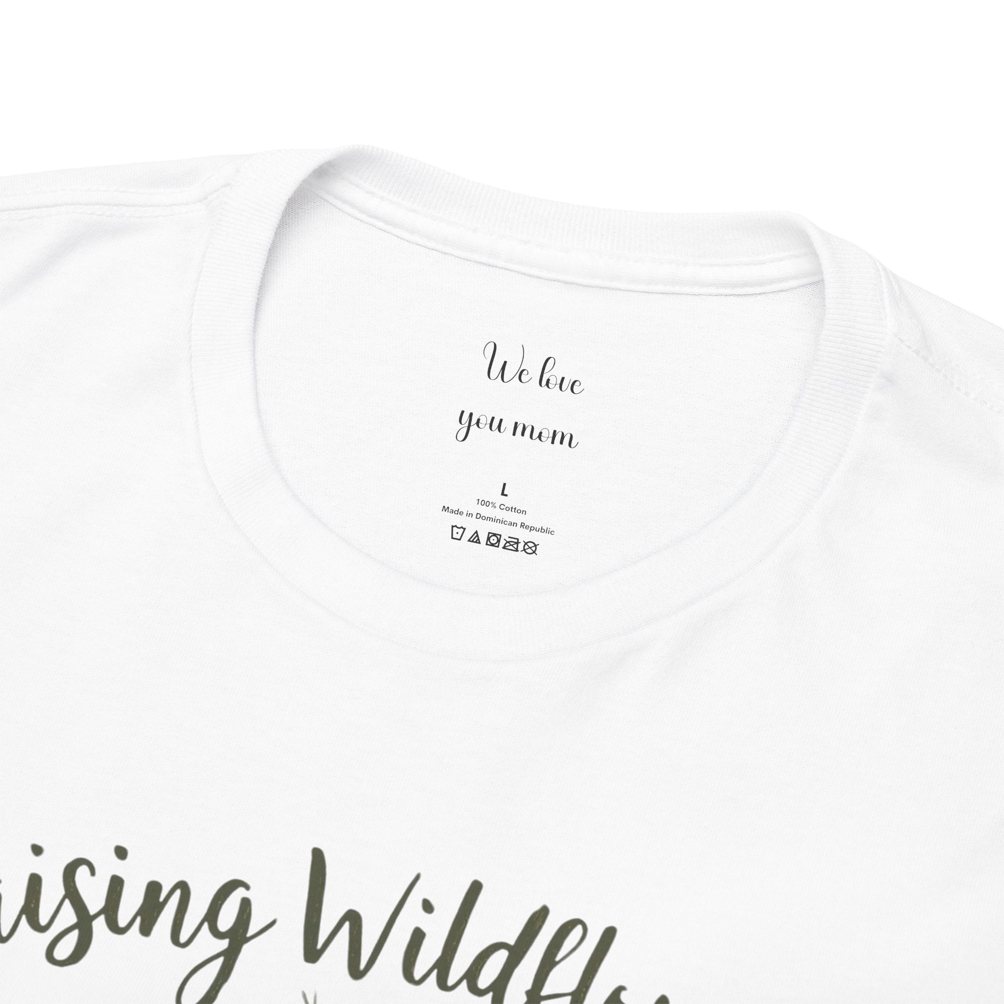 Model wearing the personalized Raising Wildflowers t-shirt