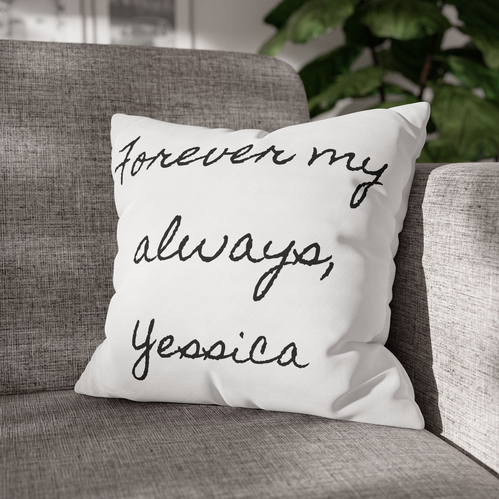 Close-up of the fine-weave canvas fabric of the romantic quote pillow