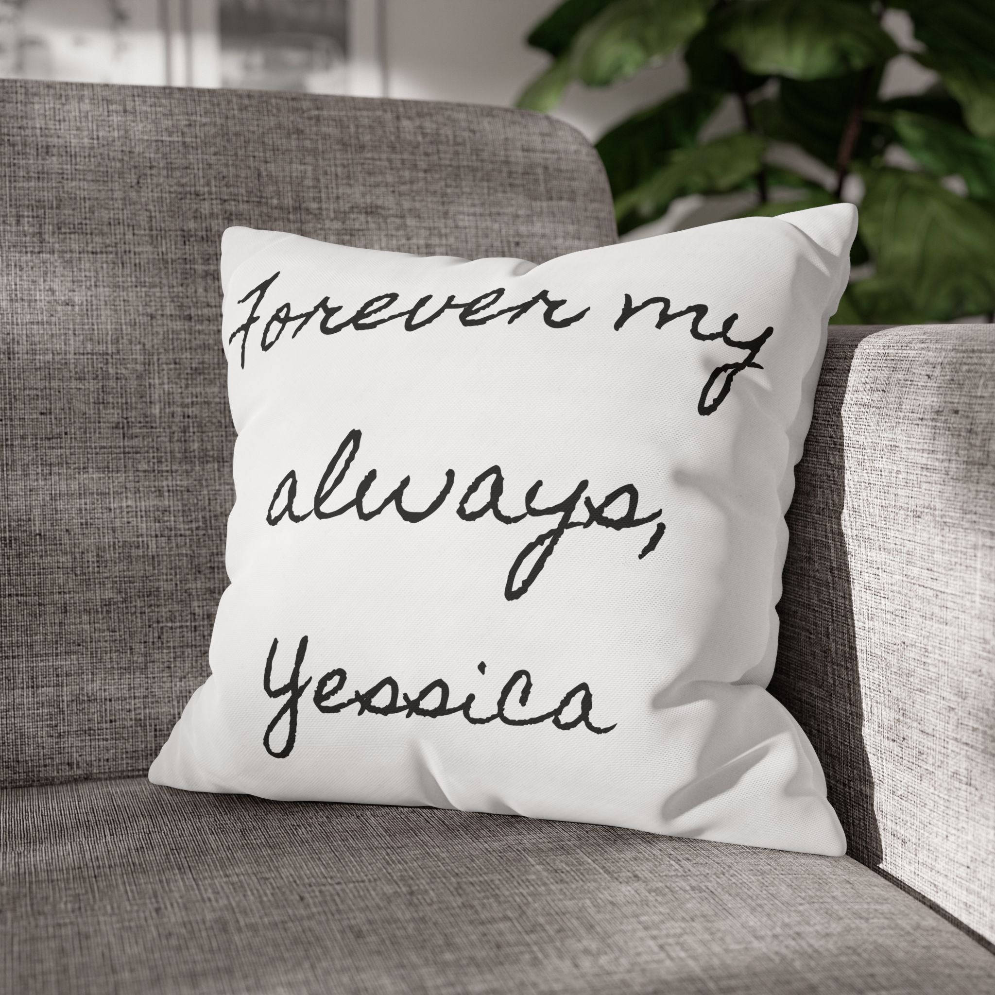 Close-up of the fine-weave canvas fabric of the romantic quote pillow