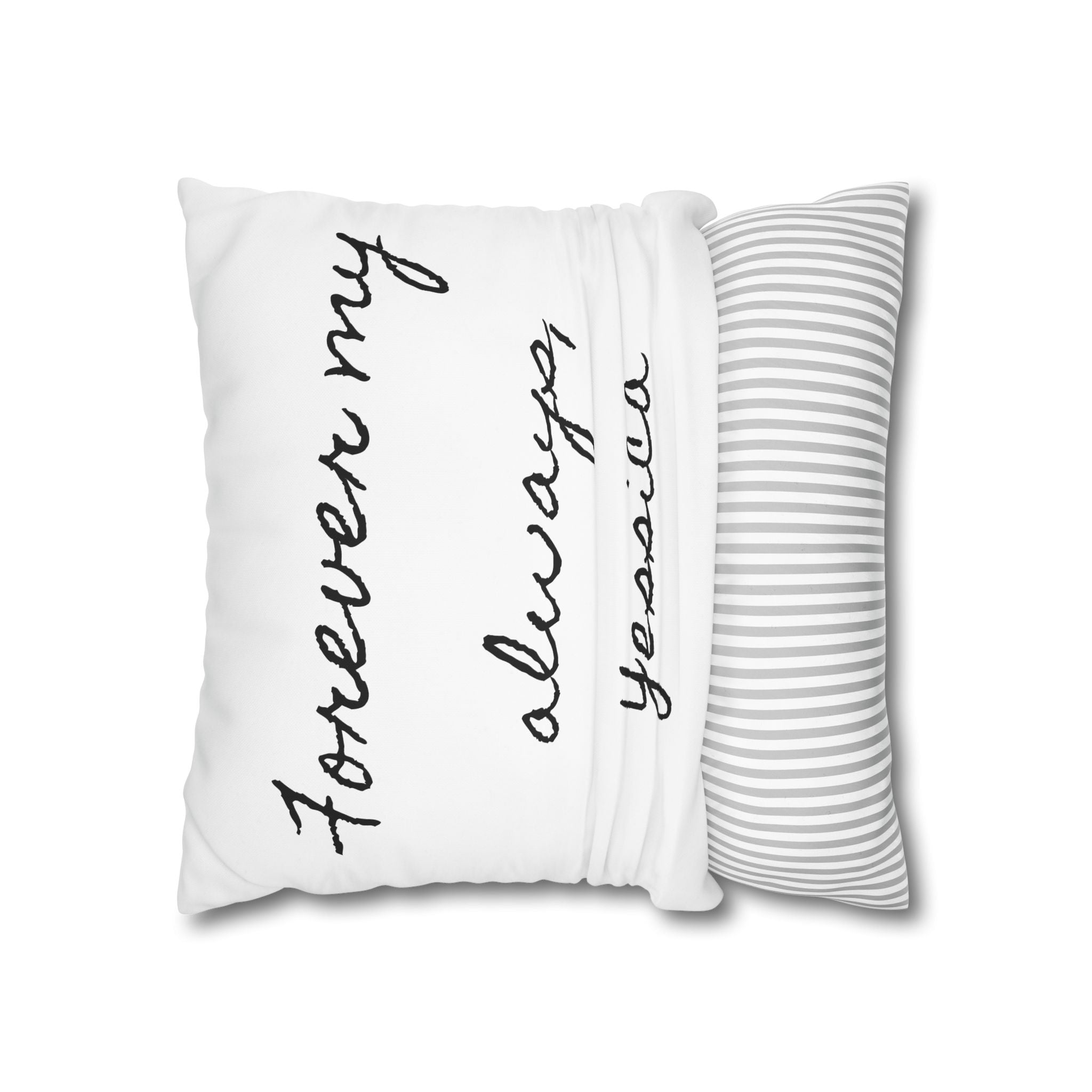 Personalized romantic quote pillow styled alongside neutral cushions