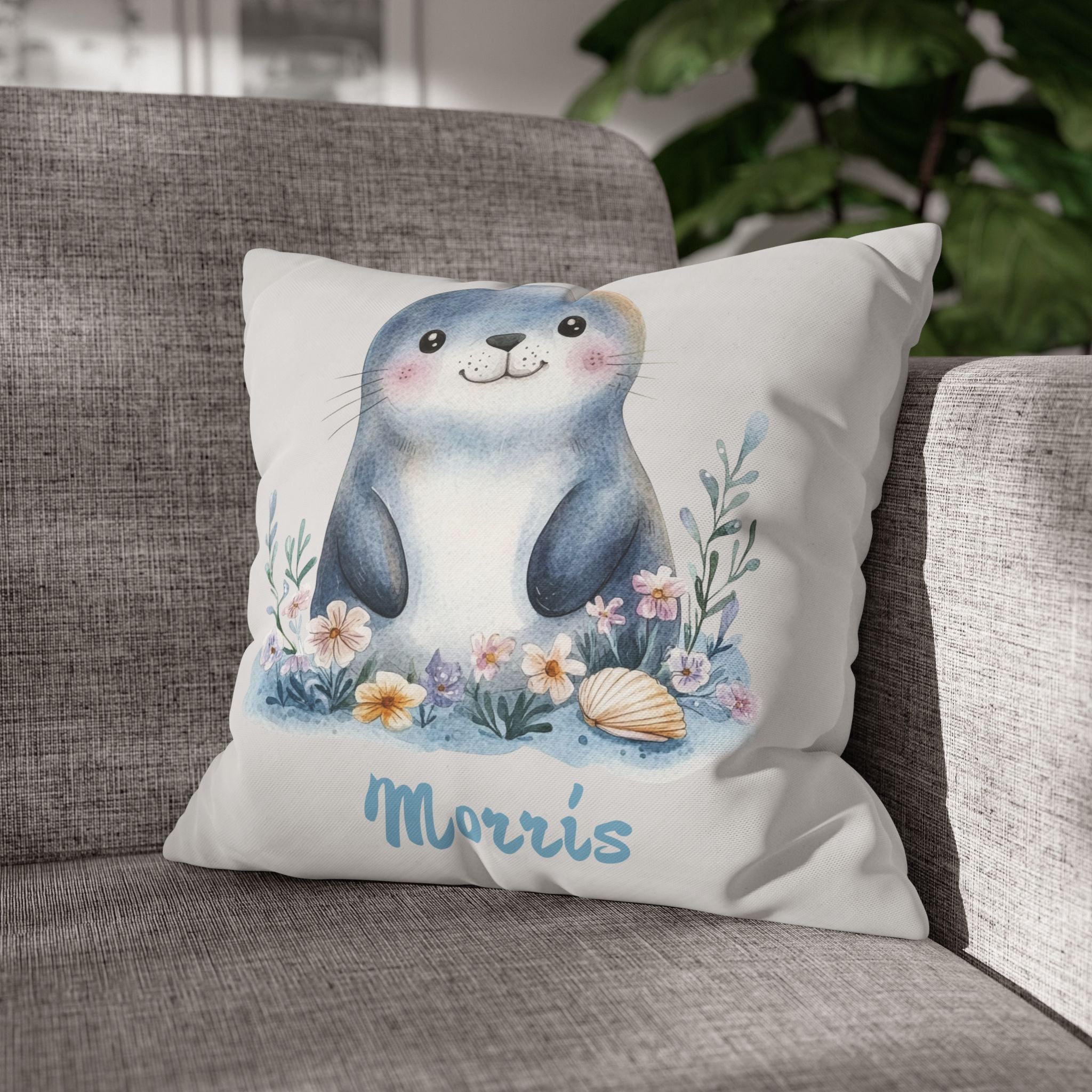 Close-up of the soft canvas fabric of the seal nursery pillow