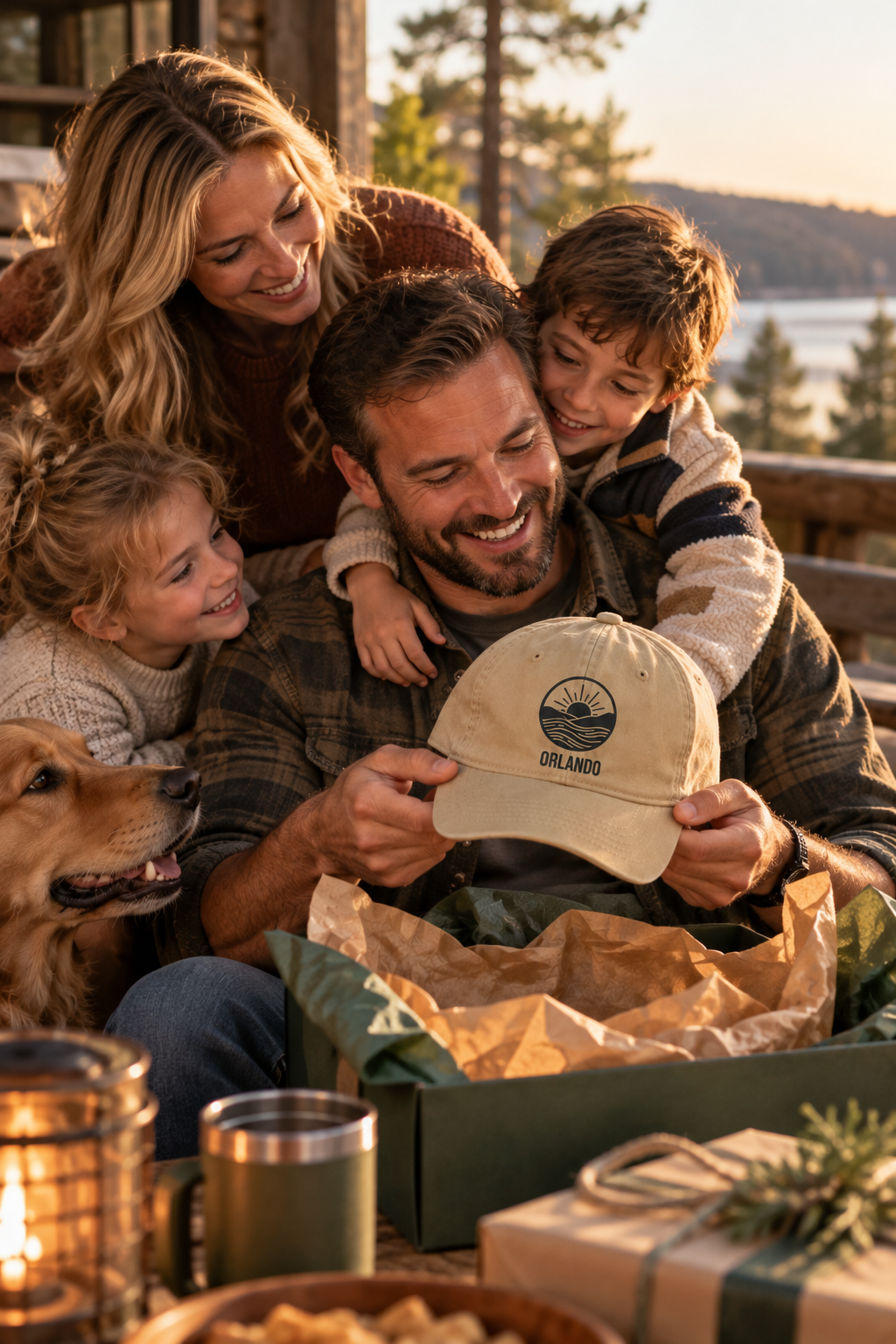 Khaki cap – Man smiling as he unwraps his personalized sunrise waves cap surrounded by loved ones, a thoughtful gift for him