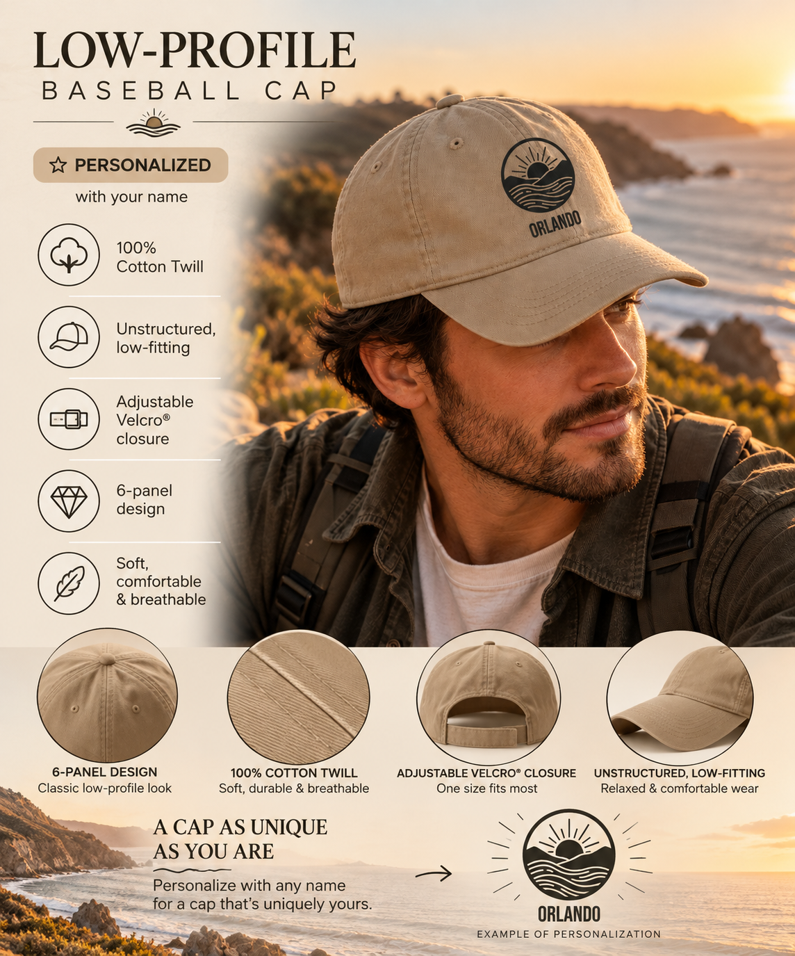 Infographic of the personalized sunrise waves cap: 100% cotton twill, 6-panel unstructured low-profile fit, adjustable Velcro closure