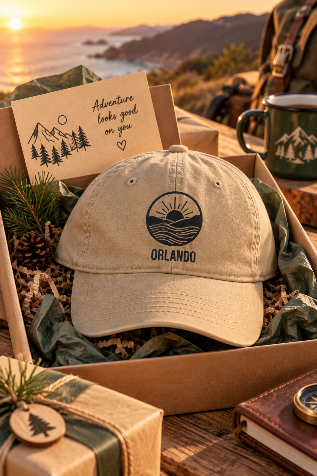 Khaki cap – Personalized sunrise waves cap with the name Orlando in a kraft gift box with a greeting card and pine accents