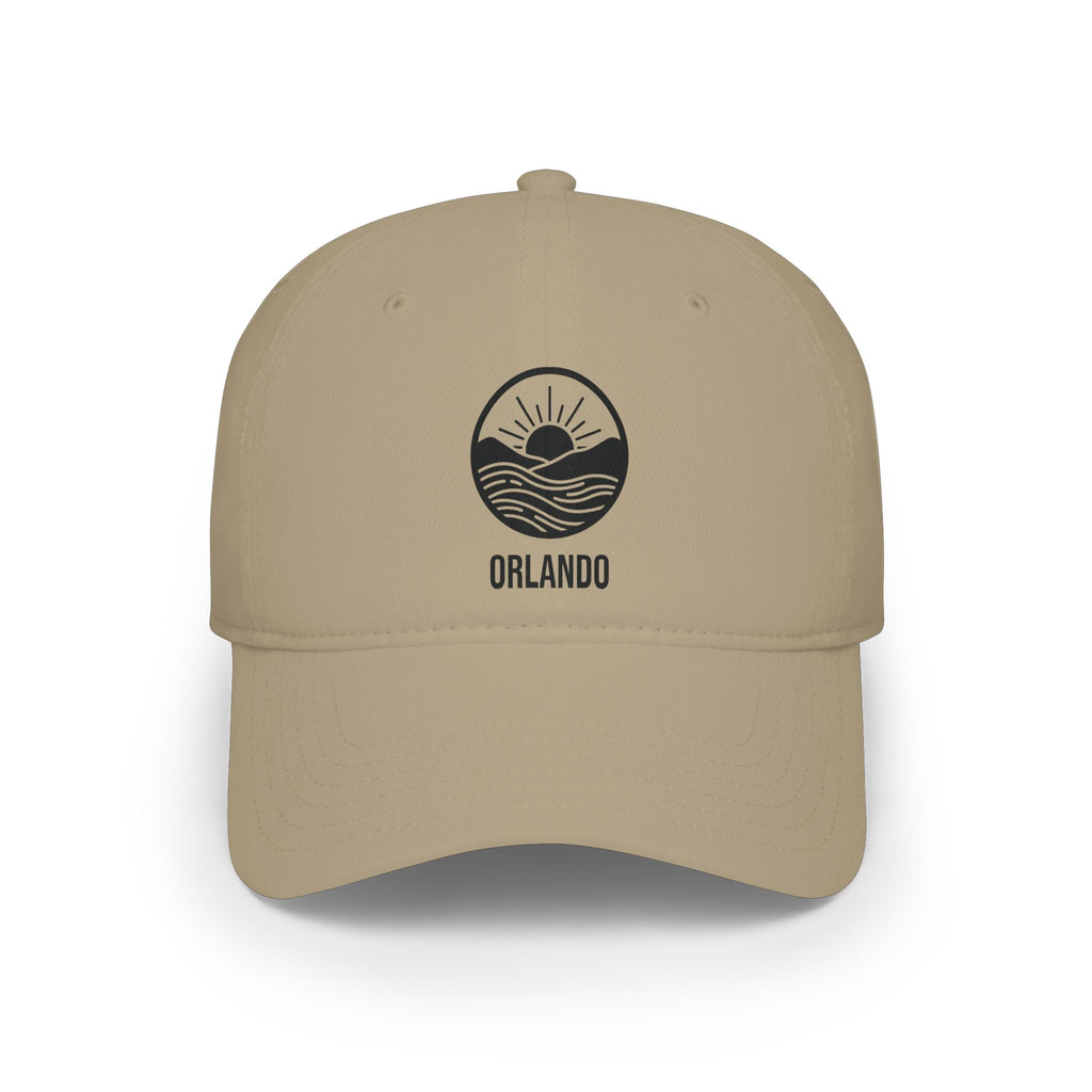 Khaki personalized sunrise waves cap with round badge of a rising sun over rolling hills and waves and the name Orlando, front view