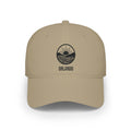 Khaki personalized sunrise waves cap with round badge of a rising sun over rolling hills and waves and the name Orlando, front view
