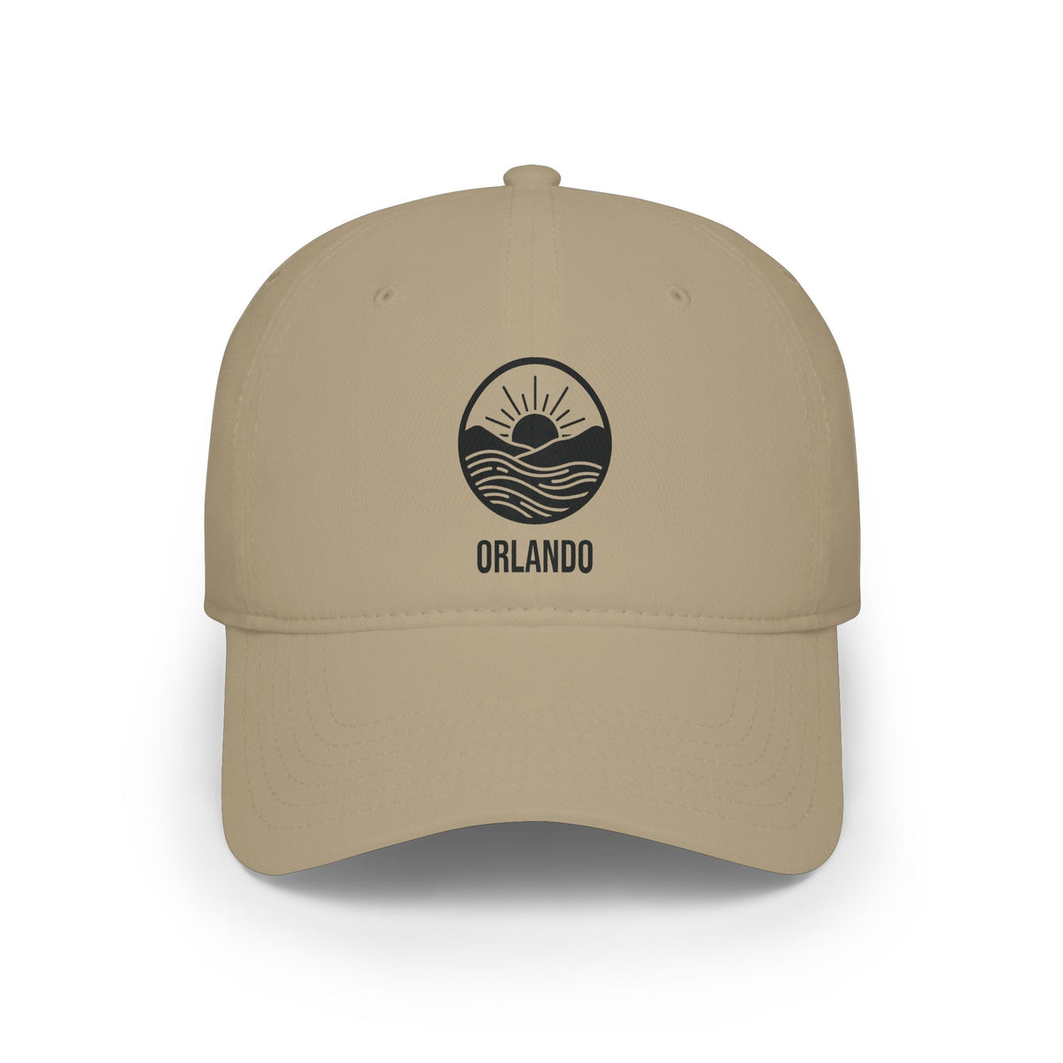 Khaki personalized sunrise waves cap with round badge of a rising sun over rolling hills and waves and the name Orlando, front view
