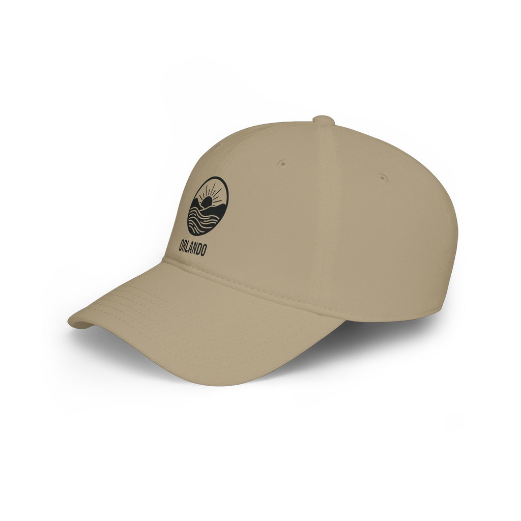 Khaki personalized sunrise waves cap, left side view of the low-profile 6-panel fit