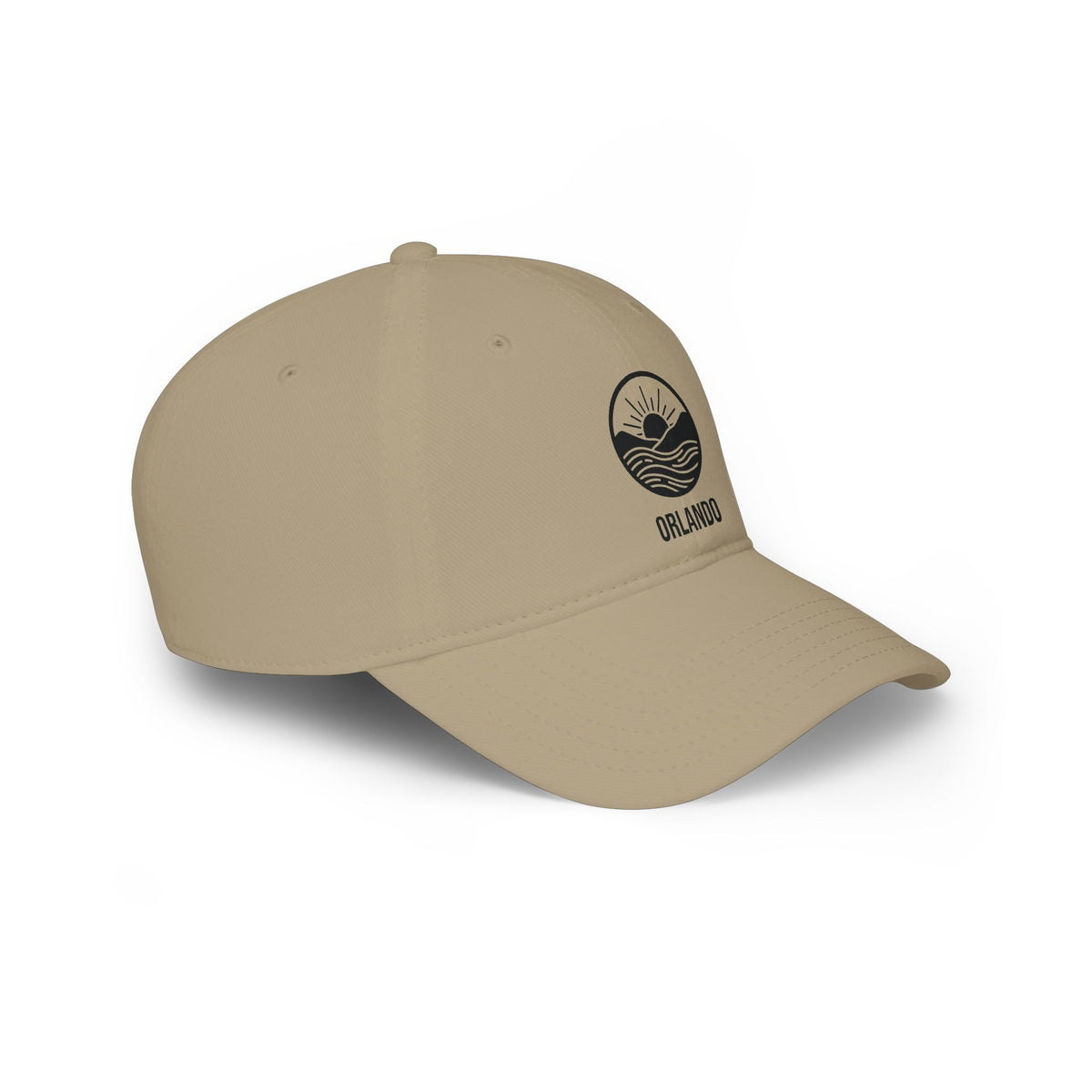 Khaki personalized sunrise waves cap, right side view of the low-profile 6-panel fit