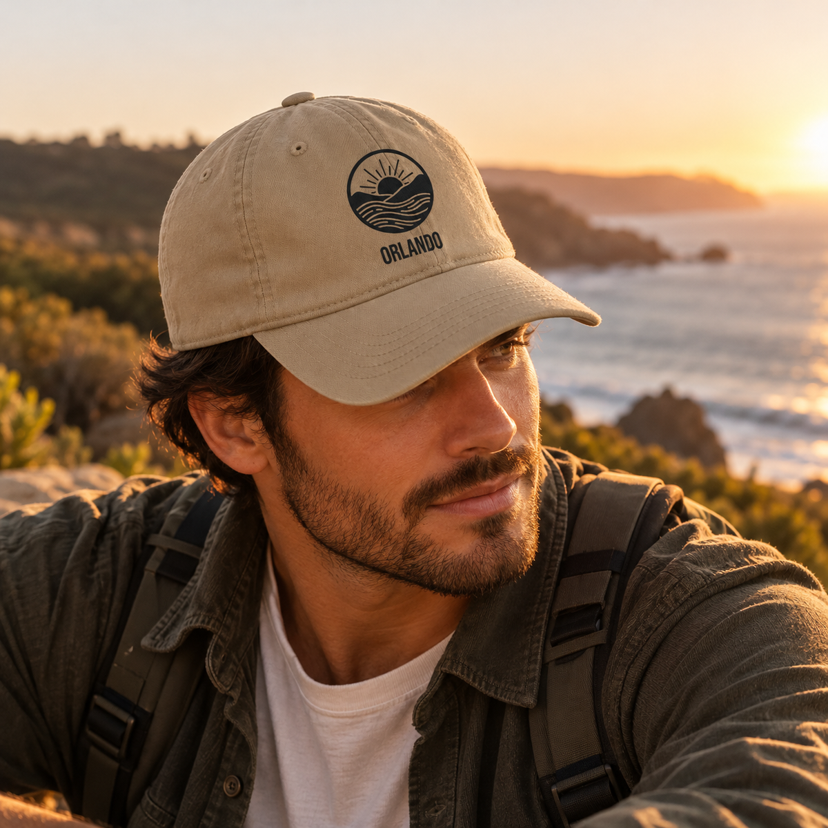 Khaki cap – Man wearing the khaki personalized sunrise waves cap with the name Orlando on the coast at sunset
