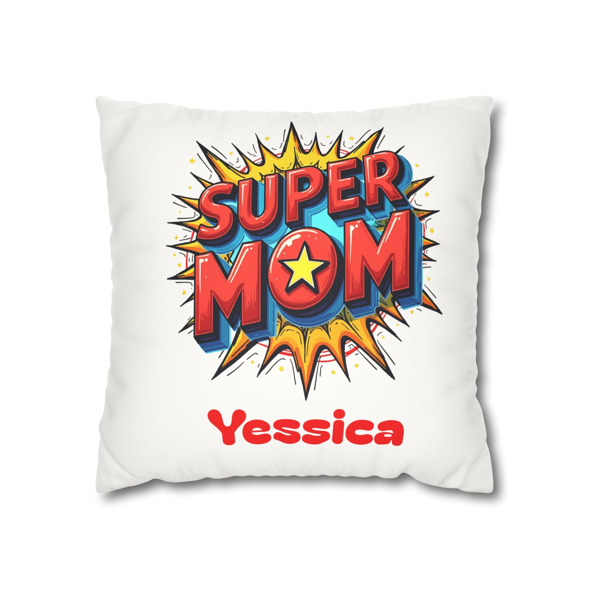 Reverse side of the double-sided personalized Super Mom pillow