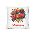 Personalized Super Mom pillow with a bold comic-style starburst design and a custom name in red