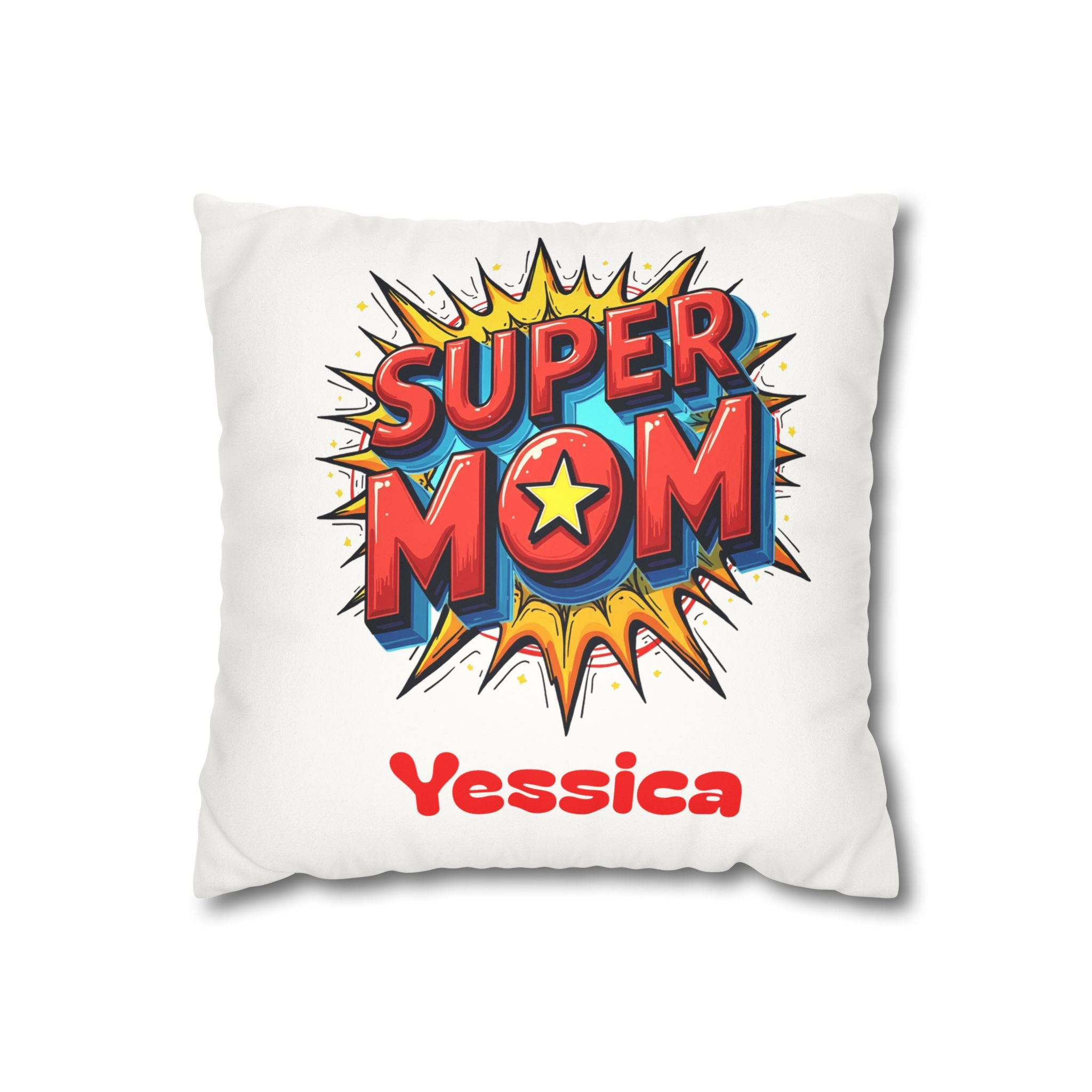 Personalized Super Mom pillow with a bold comic-style starburst design and a custom name in red