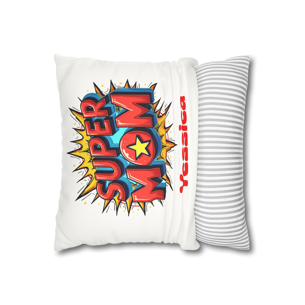 Personalized Super Mom name pillow styled on a neatly made bed