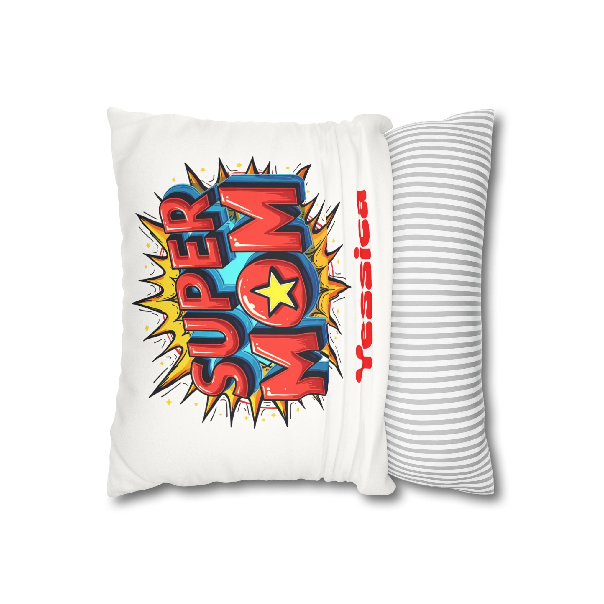 Personalized Super Mom name pillow styled on a neatly made bed