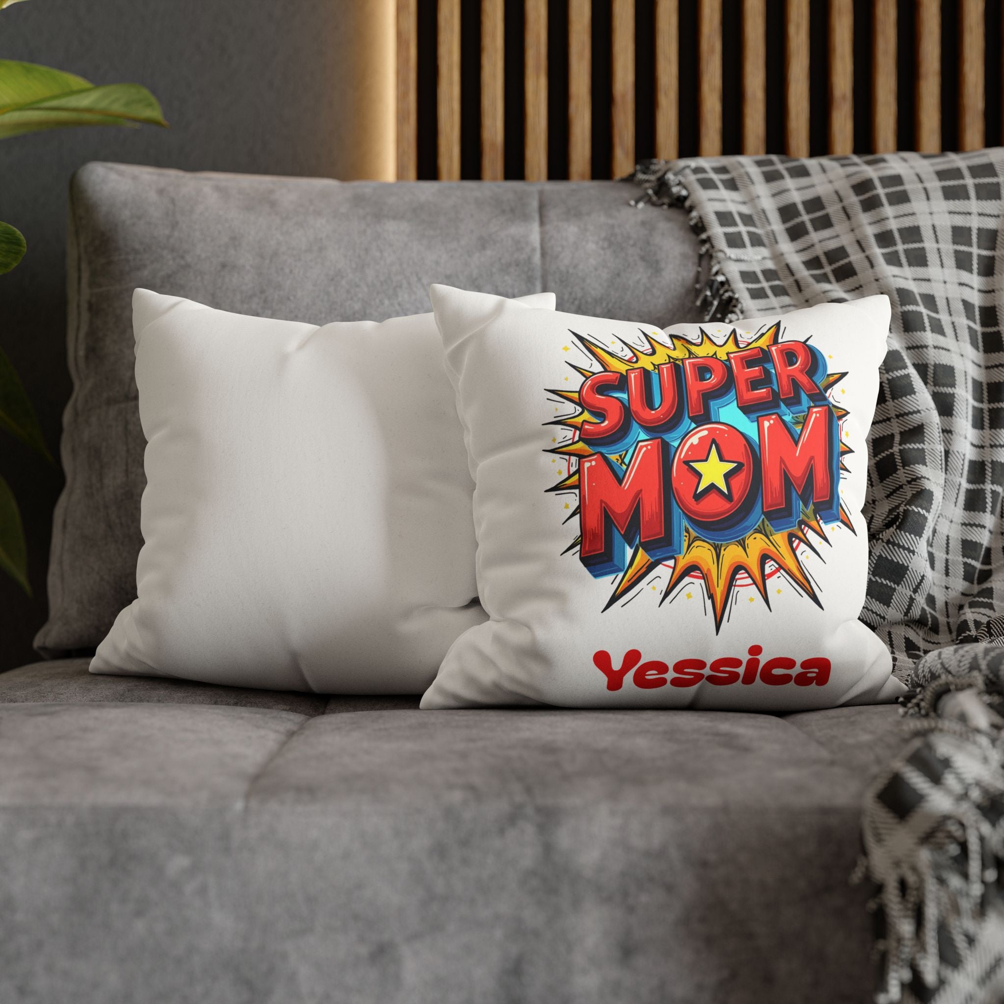 Close-up of the comic-style Super Mom print and personalized name