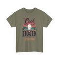 An olive green short-sleeve t-shirt with a western-themed graphic on the front. The graphic features a white bull skull, the words 'The Cool', 'DAD', and 'SEBASTIAN' in stylized lettering, and a sunset background.