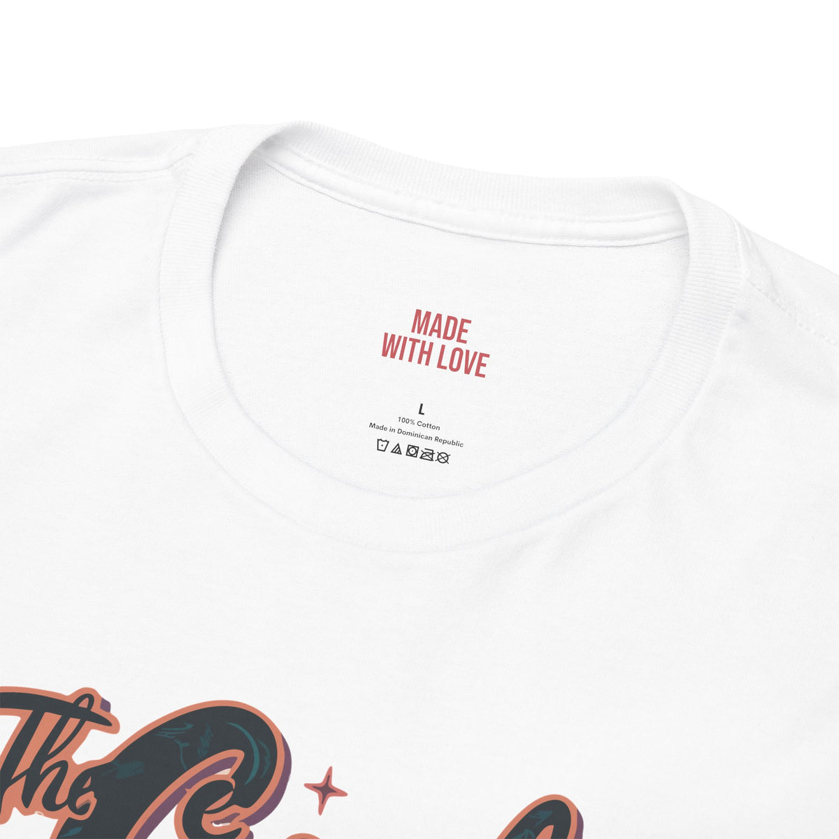Close-up of a white crewneck t-shirt showing the inner neck label with red text reading 'MADE WITH LOVE' and part of a graphic print at the bottom.
