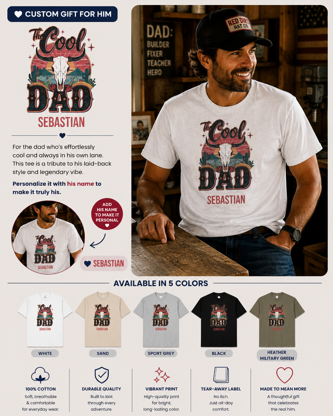 A promotional collage for a customizable graphic T-shirt featuring the text 'The Cool Dad Sebastian' in a red, white, and black design. A man wearing a white version of the shirt is shown on the right, with smaller inset images showing the front graphic, a circular 'Add-on to make it truly his' badge, and five color options at the bottom labeled White, Sand, Sport Grey, Black, and Heather Military Green.