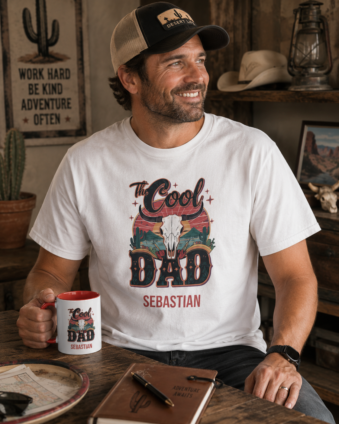 A man wearing a white graphic t-shirt with a western-themed 'The Cool Dad Sebastian' design, sitting in a rustic room and holding a matching white mug.