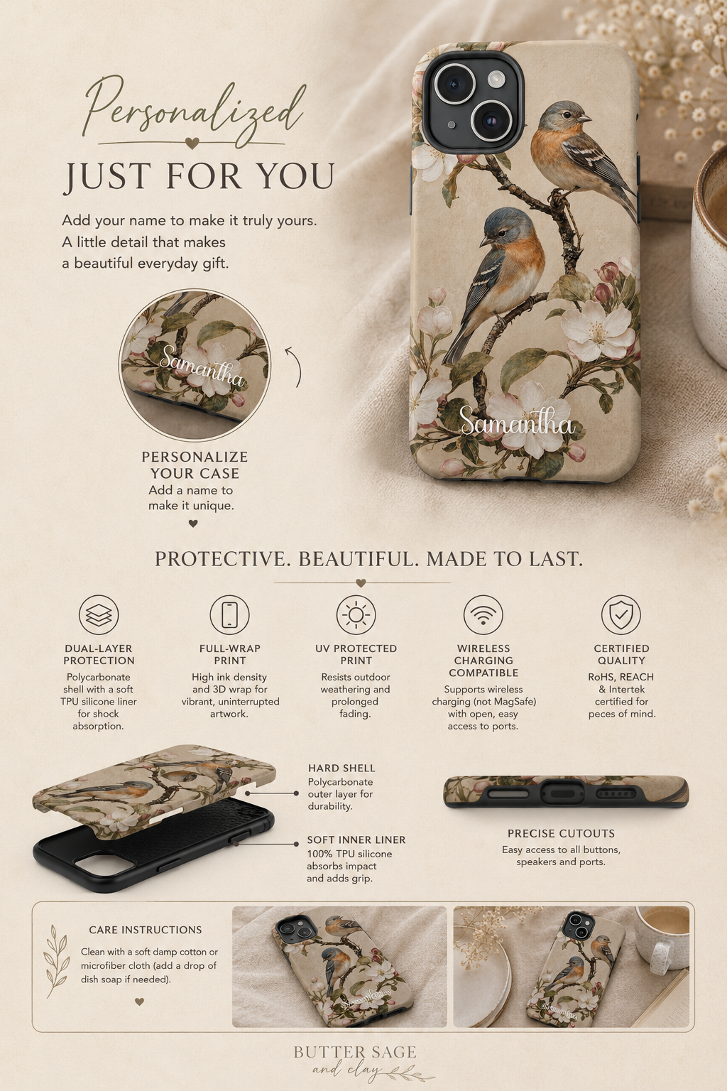 Personalized bird phone case customization info graphic