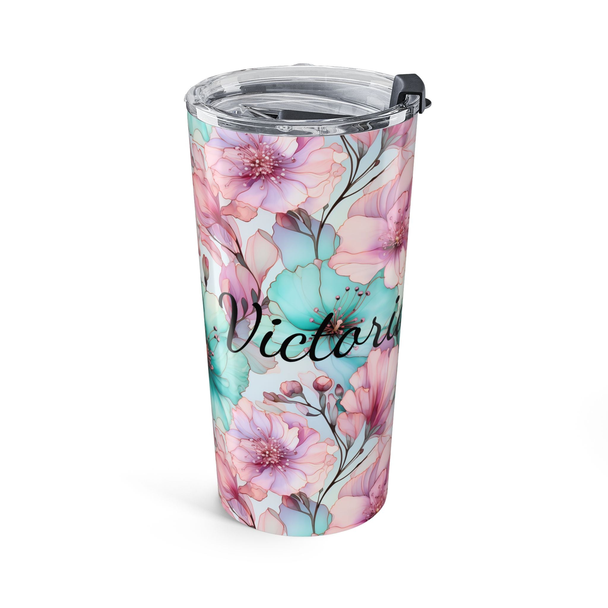 Personalized pastel watercolor floral 20oz tumbler with a name in dark script