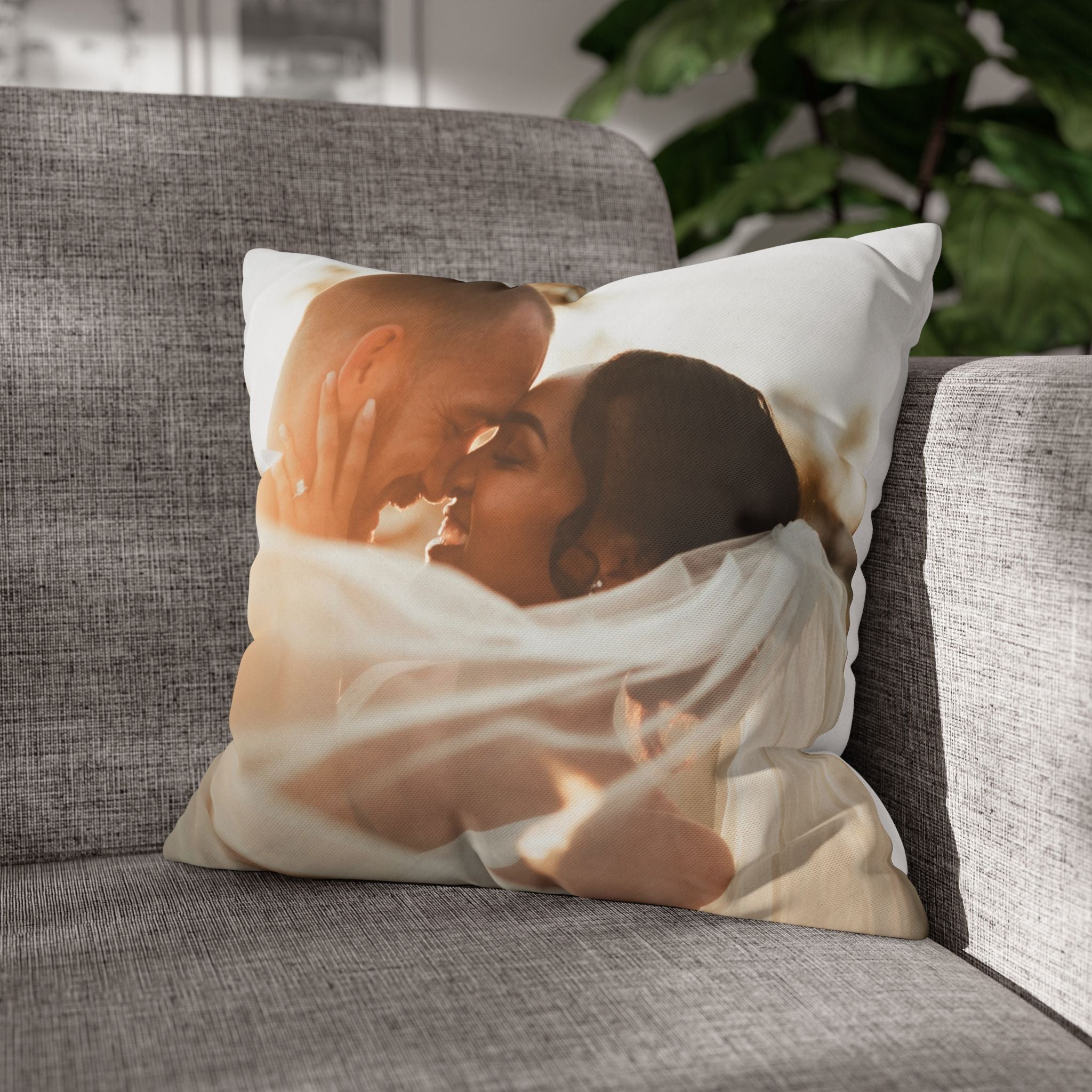 Close-up of the fine-weave canvas fabric of the wedding photo pillow