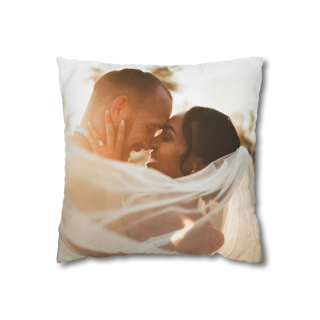 Personalized canvas photo pillow showing an uploaded wedding photo printed in full color