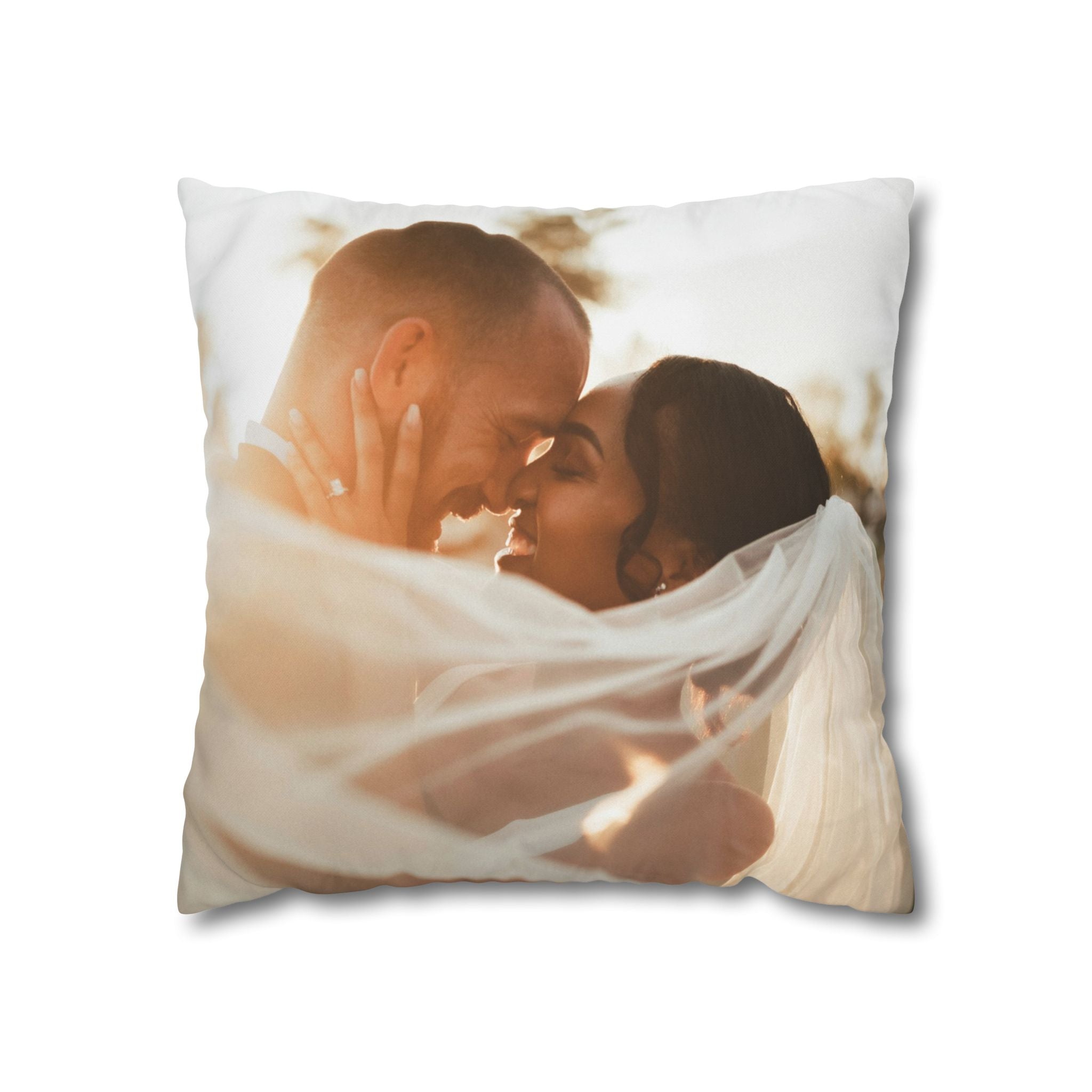 Personalized wedding photo pillow styled on a living-room sofa