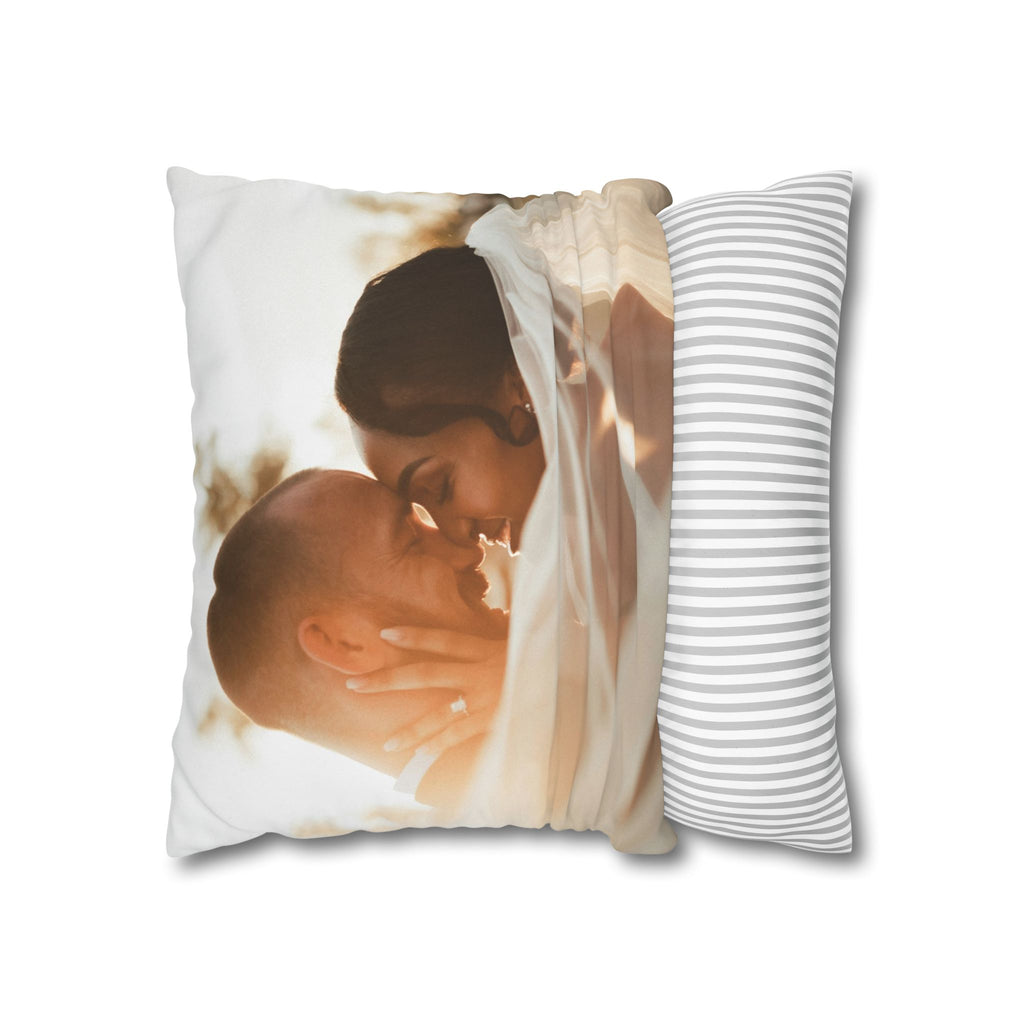 Personalized wedding photo pillow styled alongside neutral cushions