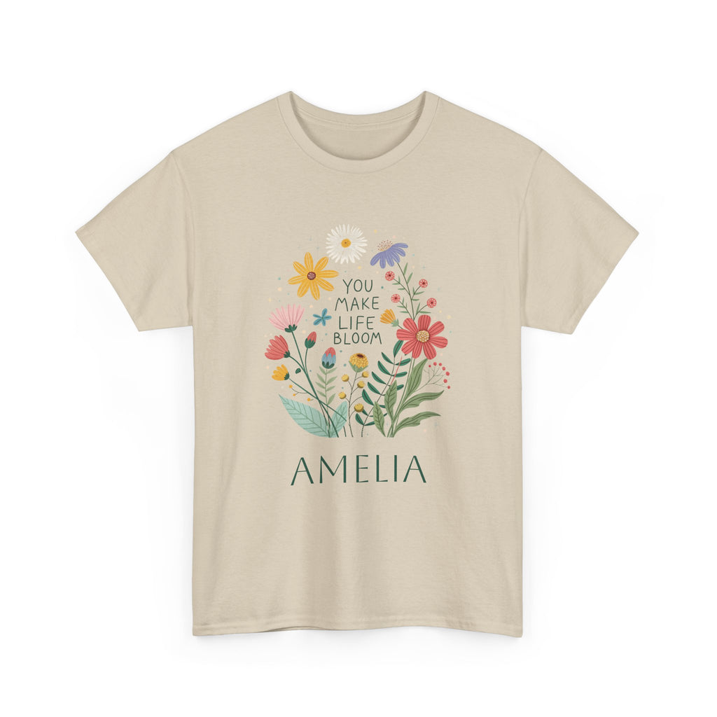 Model wearing the personalized wildflower t-shirt