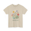 Model wearing the personalized wildflower t-shirt