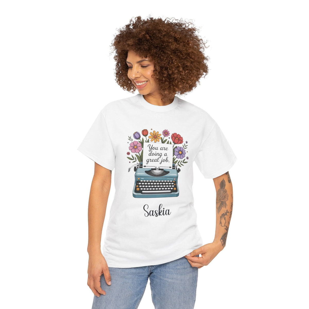 Model wearing the personalized You Are Doing a Great Job t-shirt