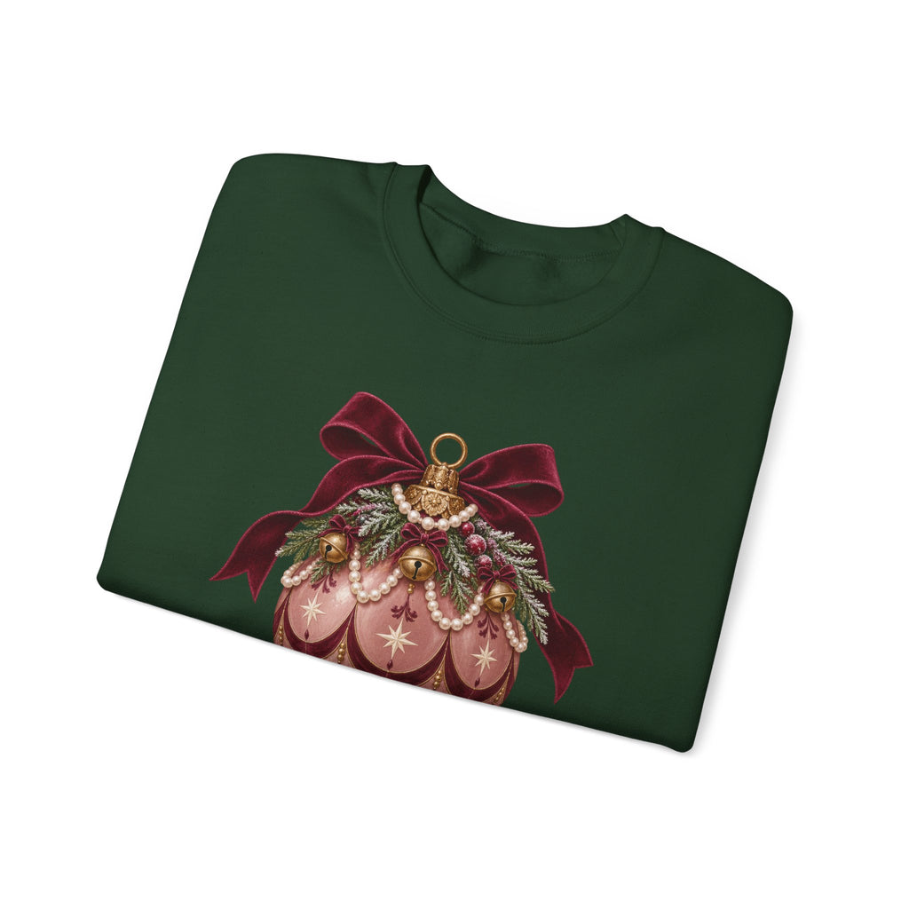 Forest Green personalized Pink Bauble Burgundy Bow sweatshirt, folded