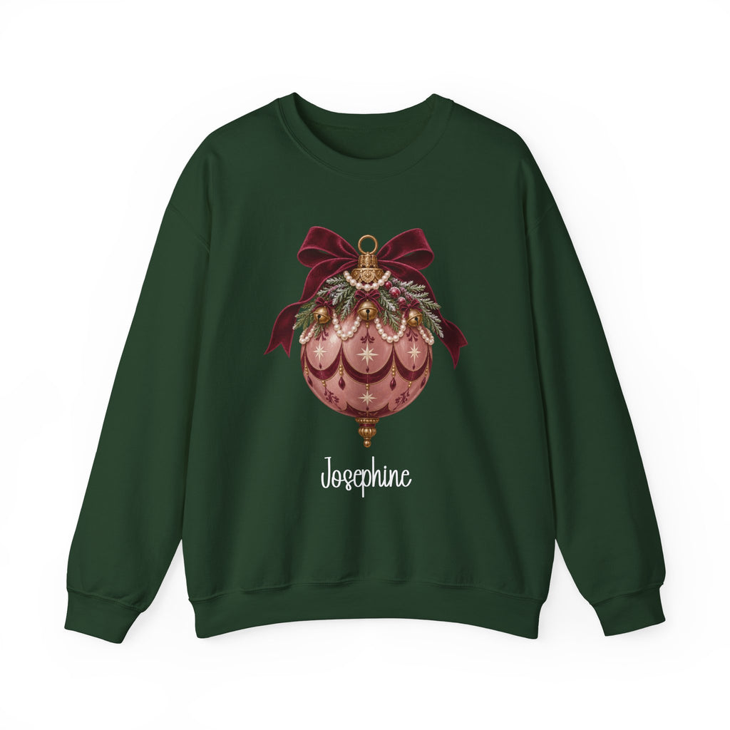 Forest Green personalized Pink Bauble Burgundy Bow sweatshirt, front view