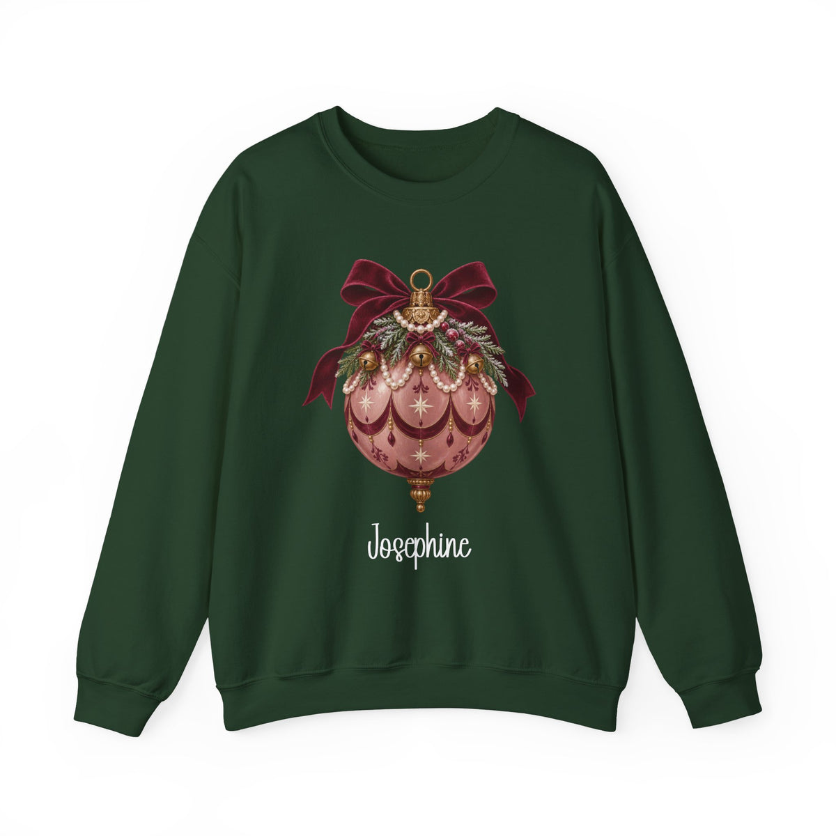 Forest Green personalized Pink Bauble Burgundy Bow sweatshirt, front view