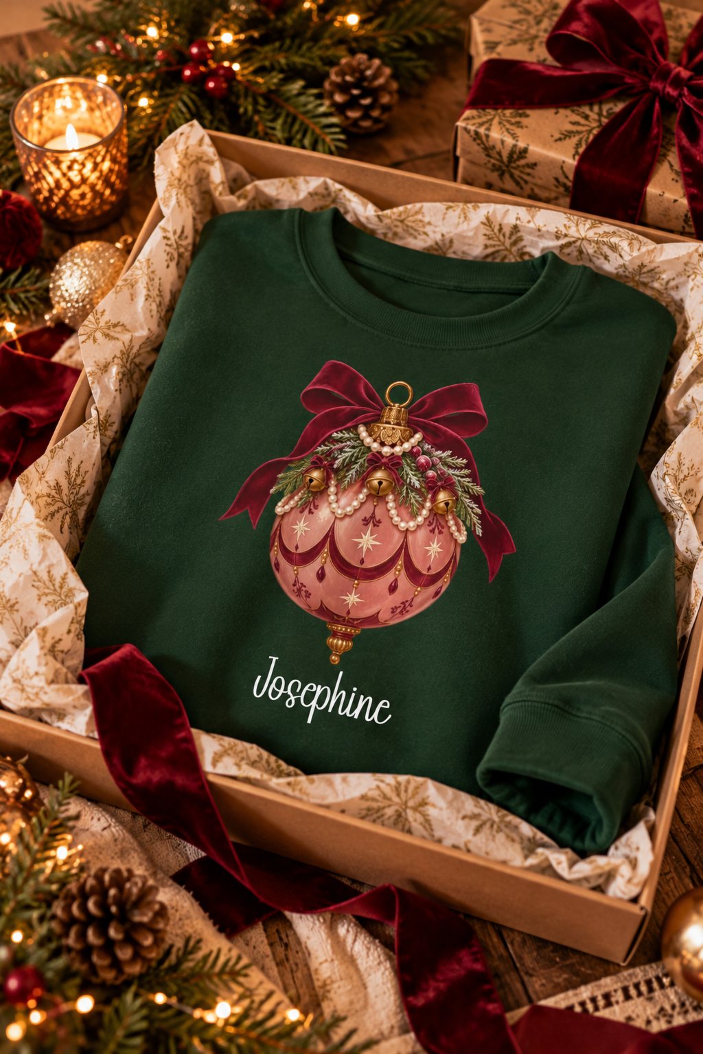 Forest Green personalized Pink Bauble Burgundy Bow sweatshirt, in a Christmas gift box, lifestyle photo