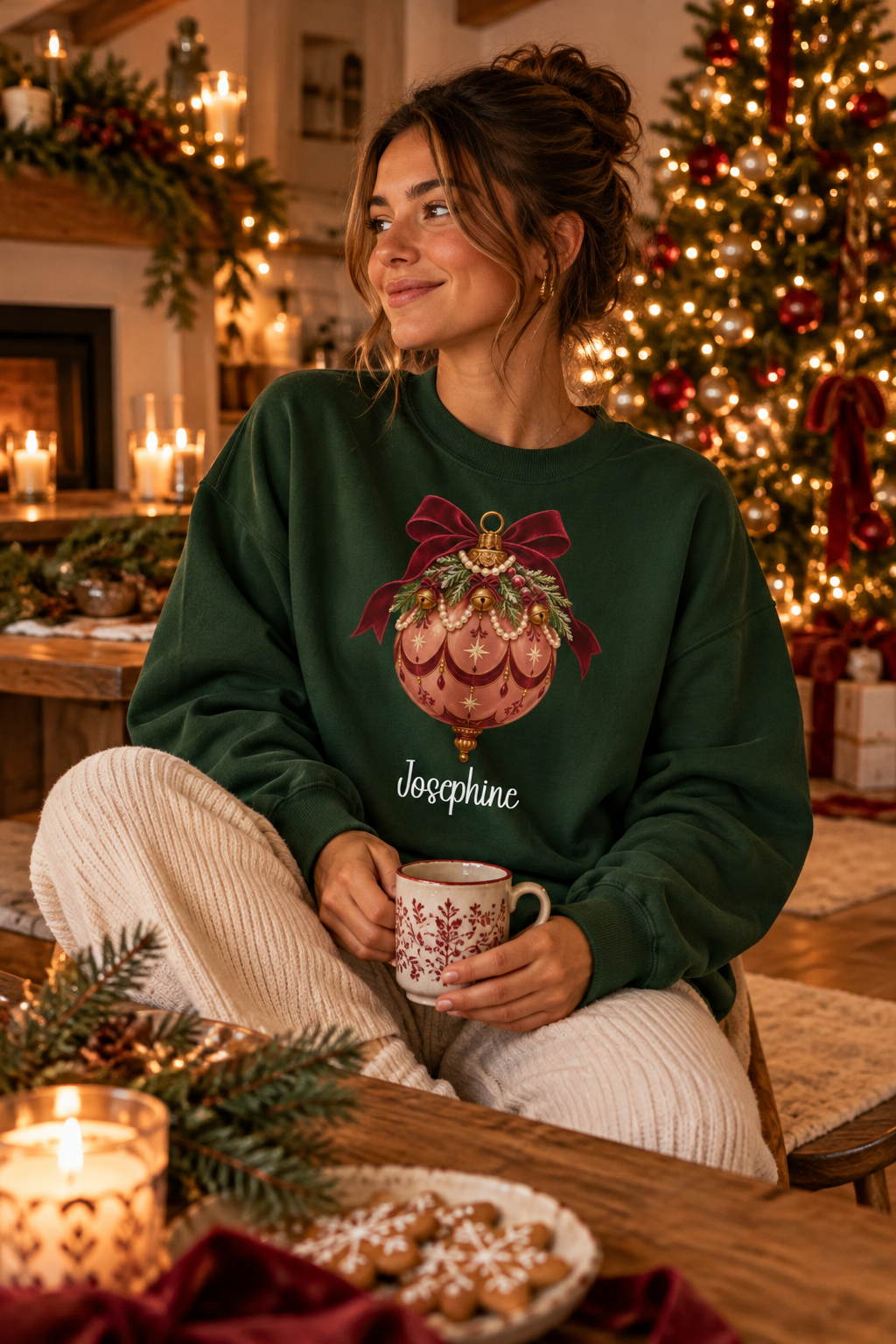 Forest Green personalized Pink Bauble Burgundy Bow sweatshirt, lifestyle photo by the Christmas tree