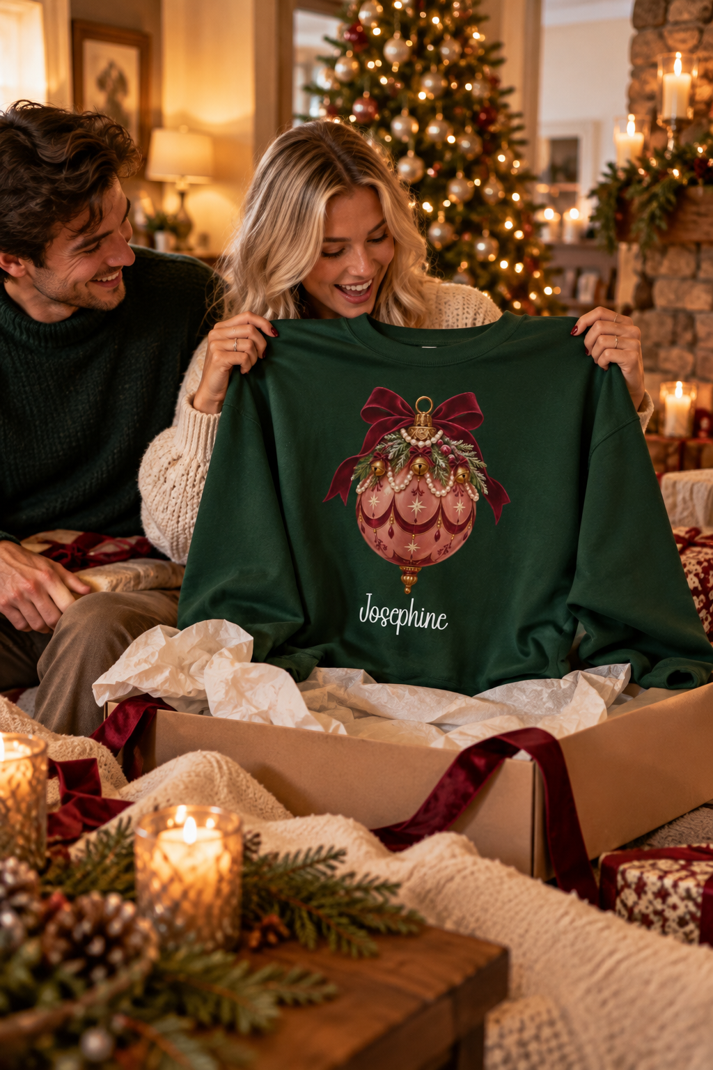Forest Green personalized Pink Bauble Burgundy Bow sweatshirt, couple unwrapping it as a Christmas gift, lifestyle photo