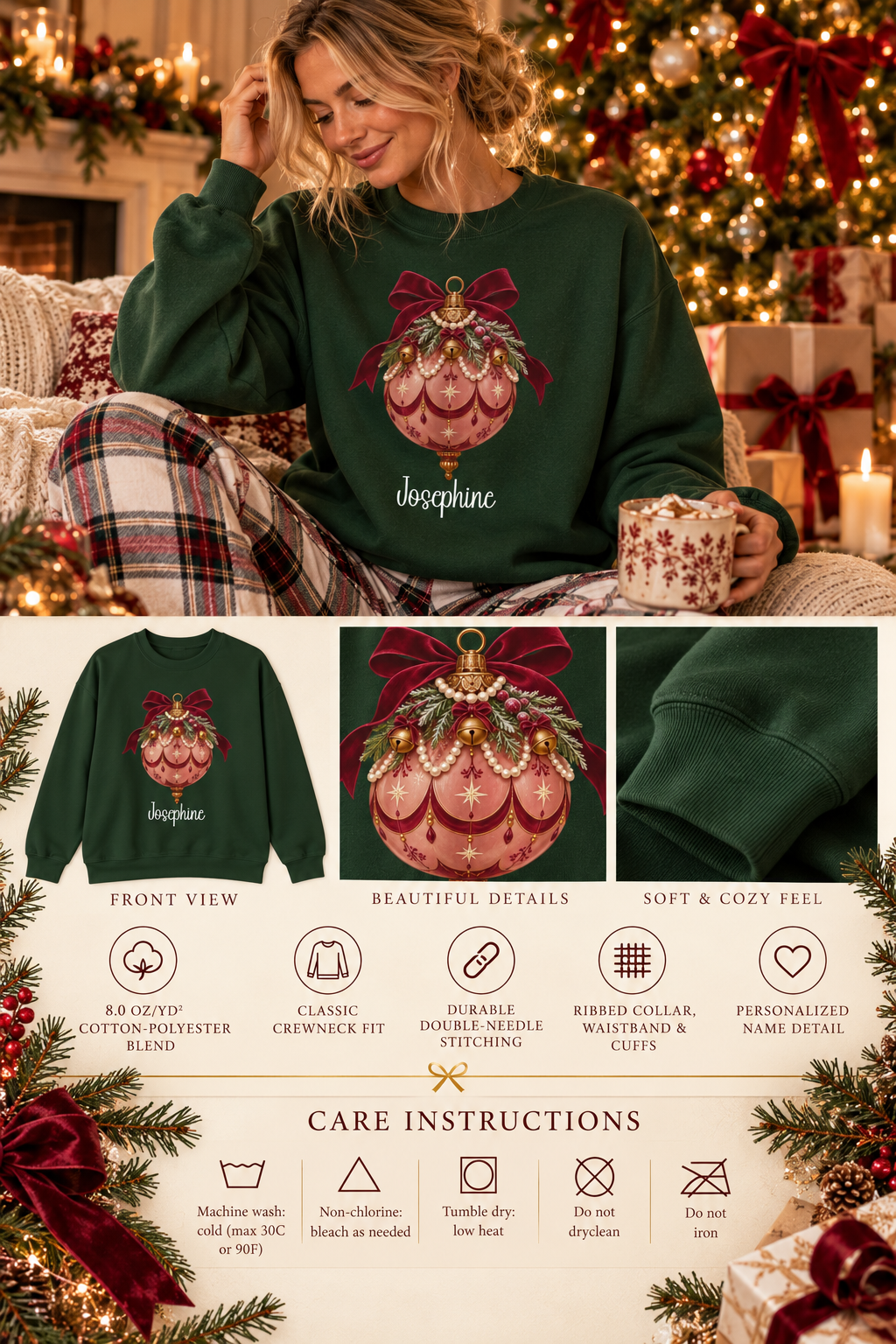 Personalized Pink Bauble Burgundy Bow sweatshirt infographic with features, gift details and care instructions
