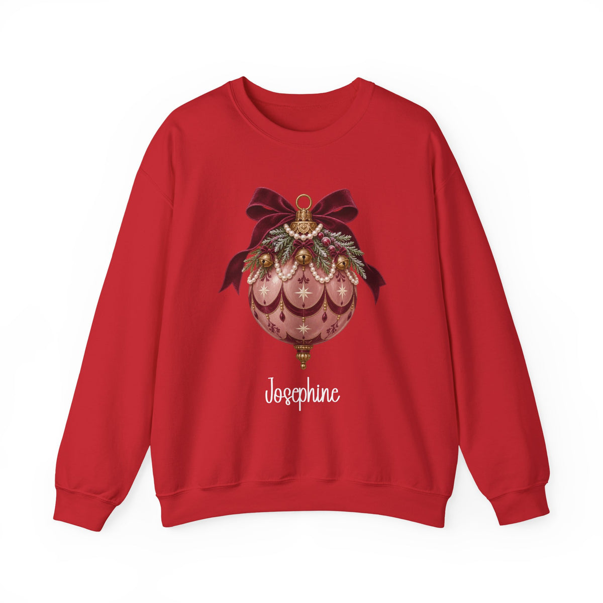 Red personalized Pink Bauble Burgundy Bow sweatshirt, front view