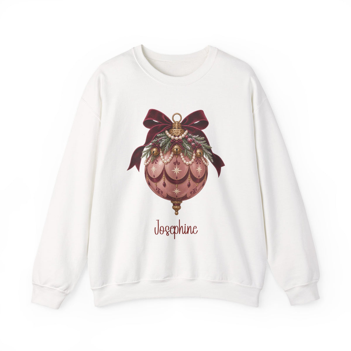 White personalized Pink Bauble Burgundy Bow sweatshirt, front view