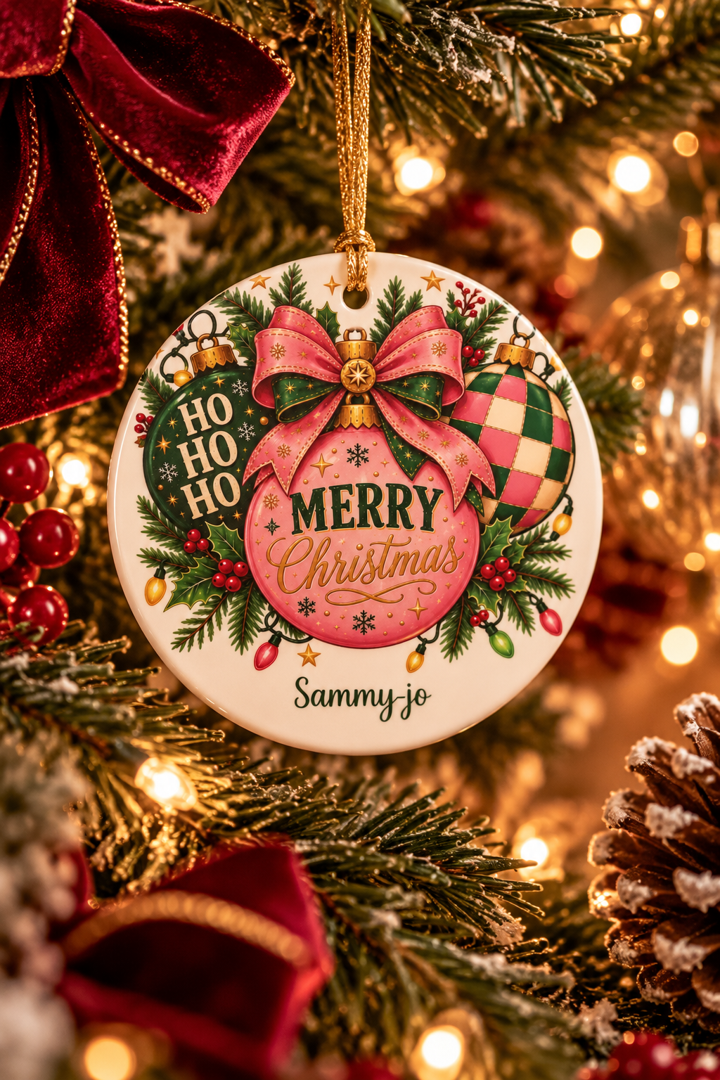 Personalized Pink Christmas Bow ornament on a decorated Christmas tree with red ribbon and warm lights, lifestyle photo
