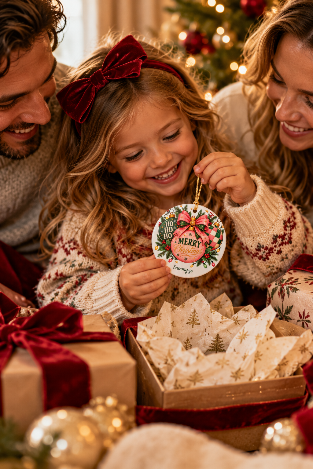 Little girl smiling as she unwraps the personalized Pink Christmas Bow ornament