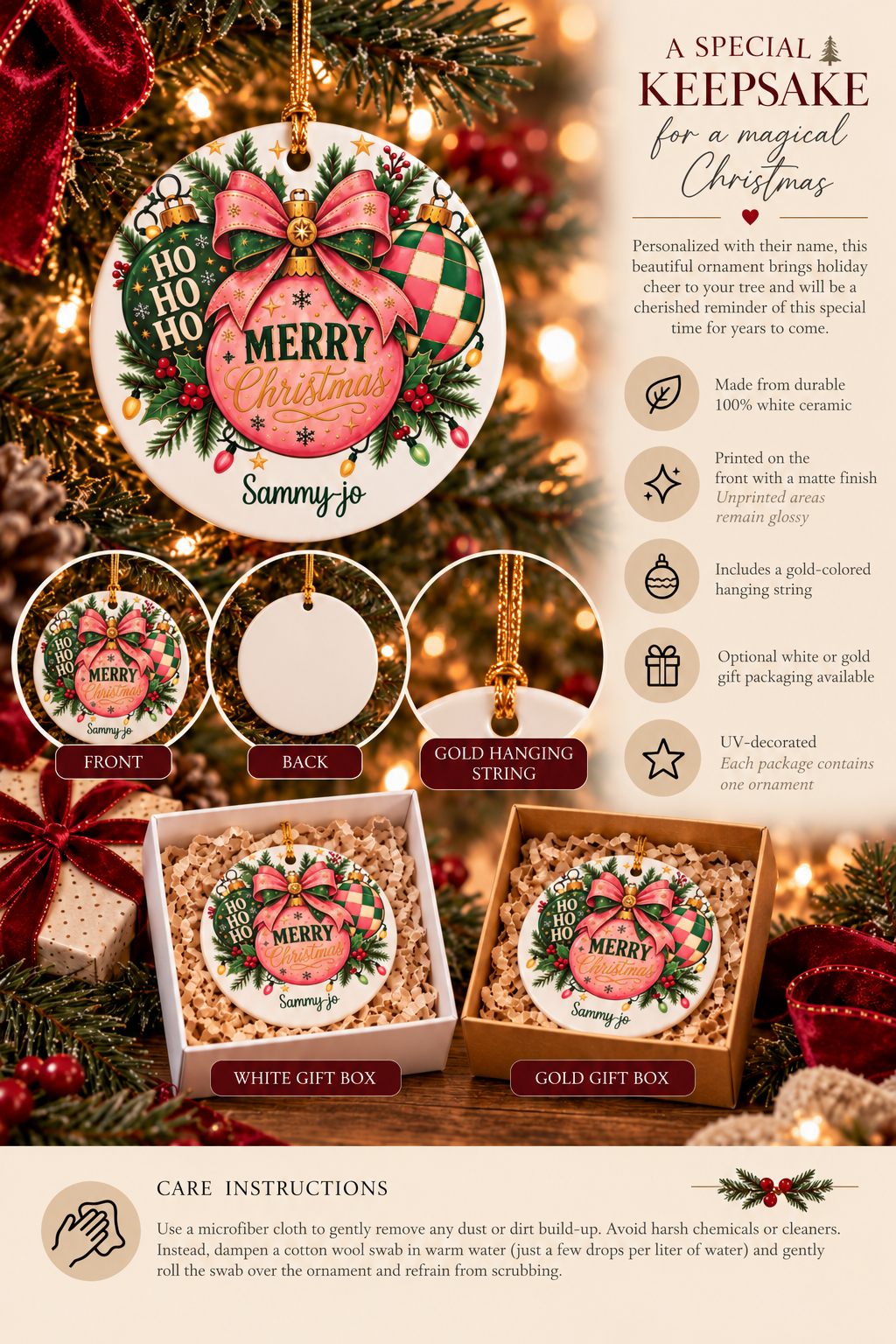 Personalized Pink Christmas Bow ornament infographic with features, gift packaging options and care instructions